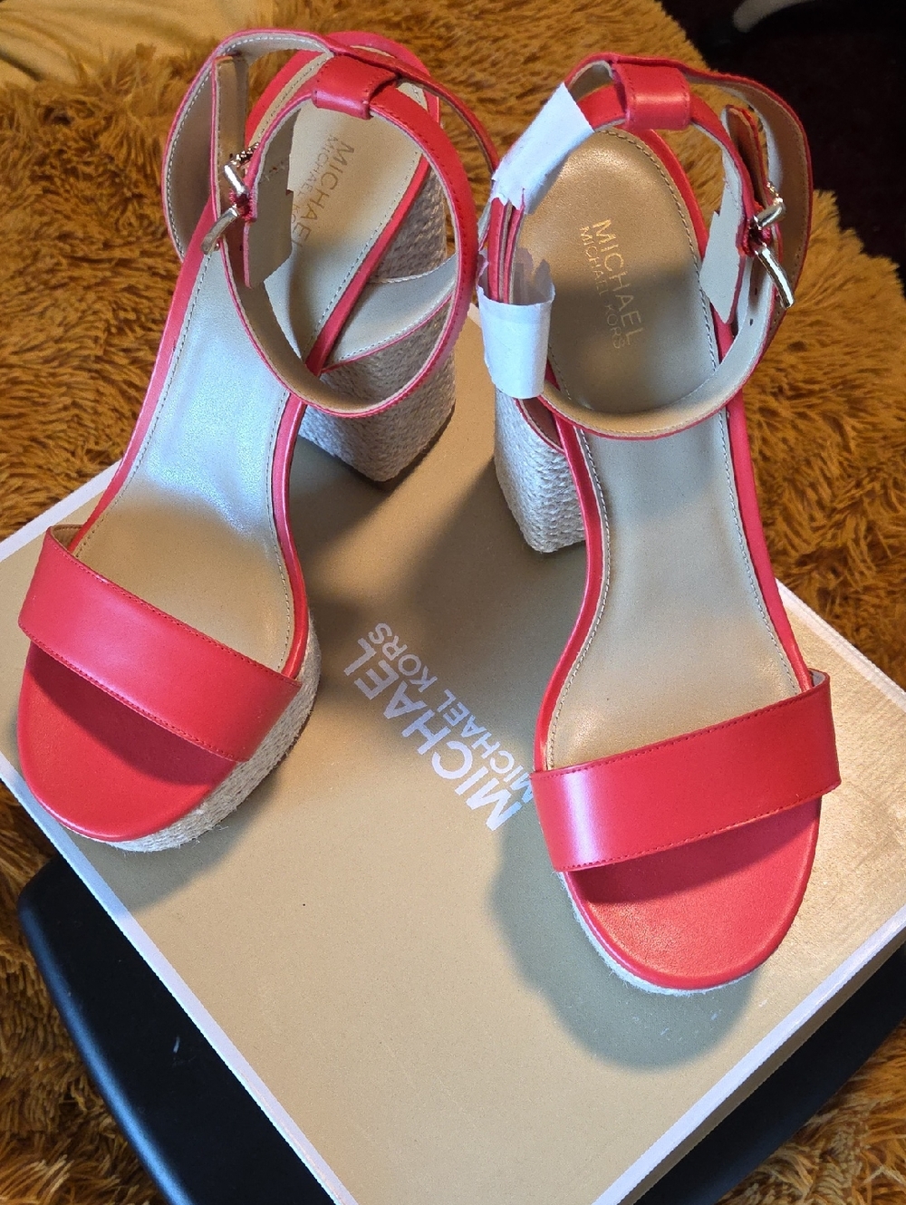 Michael Kors Coral-Red Ankle-Strap Espadrille Wedges - Picture 3 of 9